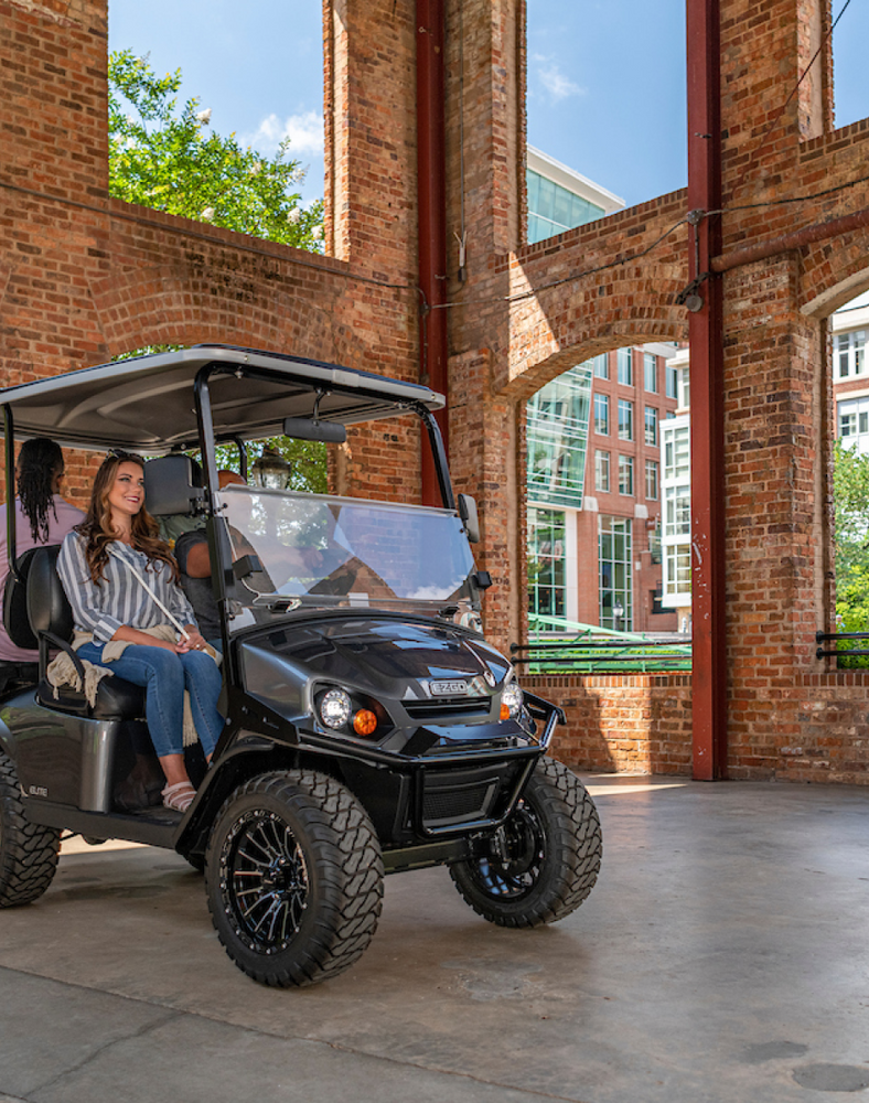 People driving golf cart